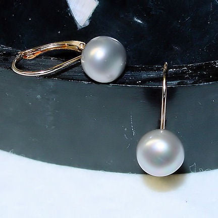 8mm Cultured Gray Pearl Cup Leverback Earrings 14K Yellow Gold - Trustmark Jewelers - Earrings - 1