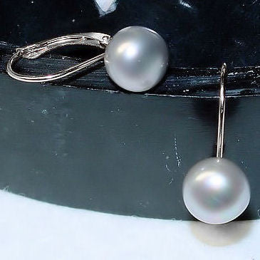 8mm Cultured Gray Pearl Cup Leverback Earrings 14K White Gold - Trustmark Jewelers - Earrings - 2