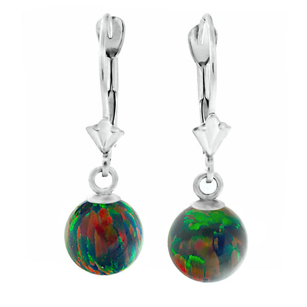 Aurora: Black Created Australian Opal Ball Drop Leverback Earrings 14K White Gold - TrustmarkJewelers.com