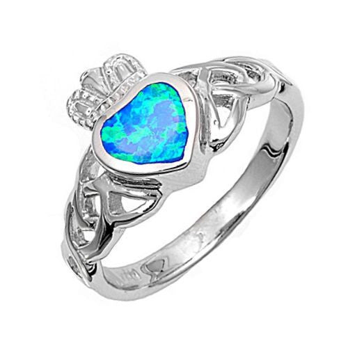 Caronwyn: 0.75ct Heart cut Blue Opal Celtic Knot Claddagh Ring Silver - Trustmark Jewelers - Promise Rings - 2