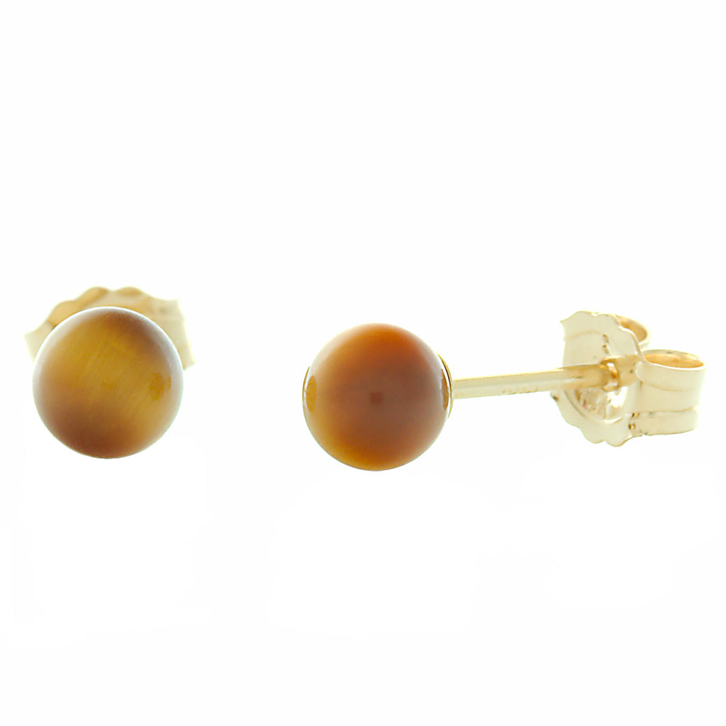 4mm Tigers Eye Ball Stud Earrings 14K Yellow Gold