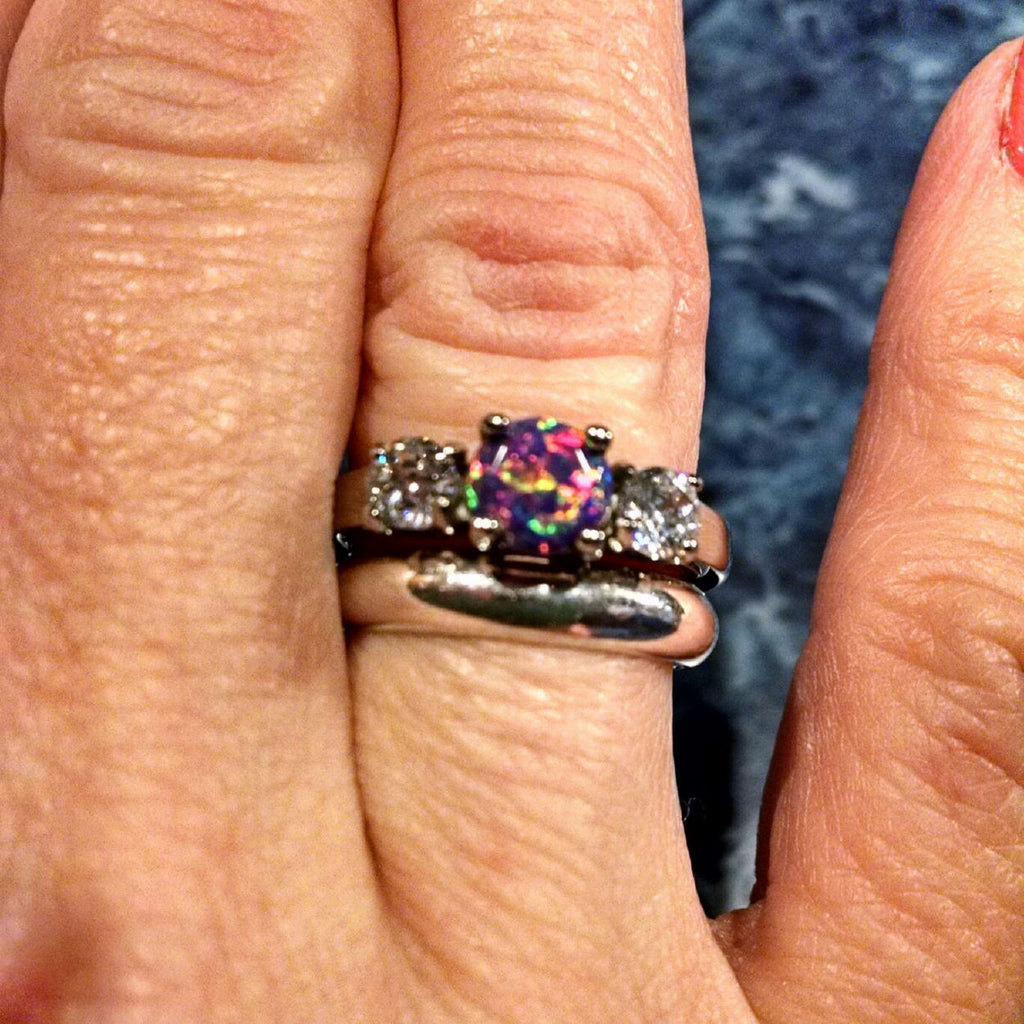 Jeni: Created Opal and Ice on Fire CZ 3 Stone Stainless Steel Ring - Trustmark Jewelers - Engagement Rings