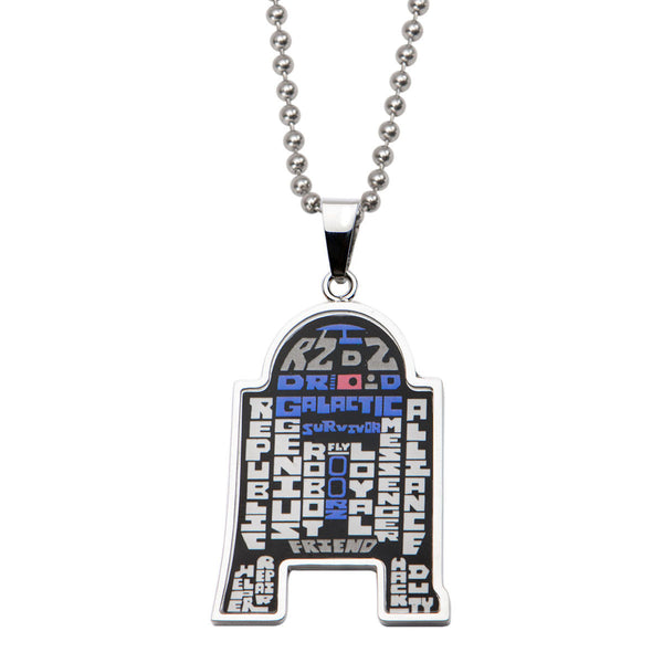 Star Wars: 22" R2D2 Enamel Typography Art Pendant Necklace 316 Stainless Steel - Trustmark Jewelers - Pendants and Necklaces - 1