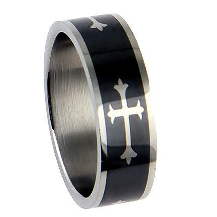Timon: Saints Cross Mens Black 316L Stainless Steel Band Ring - Trustmark Jewelers - Mens Rings - 2