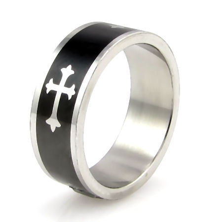 Timon: Saints Cross Mens Black 316L Stainless Steel Band Ring - Trustmark Jewelers - Mens Rings - 1