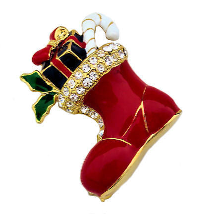 Gift Filled Santa's Boot Crystal Rhinestone Brooch Pin - Trustmark Jewelers - Pins and Brooches - 1