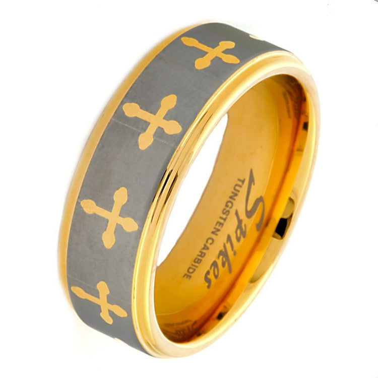 Saints Cross: Mens Gold IP Tungsten Carbide Comfort Fit Band Ring - Trustmark Jewelers - Mens Rings - 2