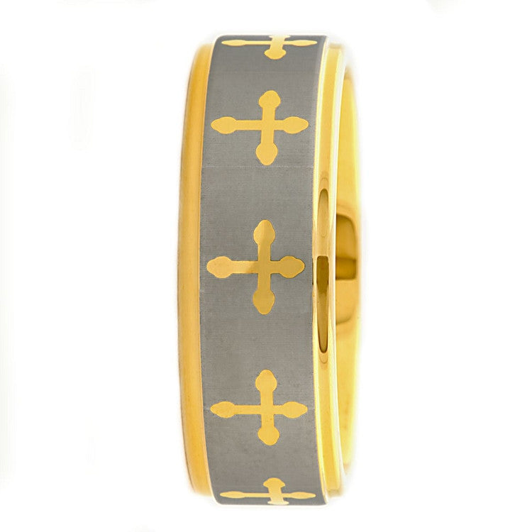 Saints Cross: Mens Gold IP Tungsten Carbide Comfort Fit Band Ring - Trustmark Jewelers - Mens Rings - 3