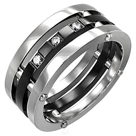 Maverick: Mens Russian Ice CZ Riveted 3 in 1 Stainless Steel Band Ring - Trustmark Jewelers - Mens Rings - 1