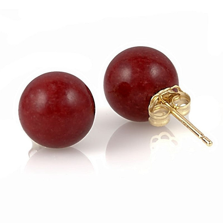 8mm Italian Red Coral Ball Stud Earrings solid 14K Yellow Gold - Trustmark Jewelers - Earrings - 1