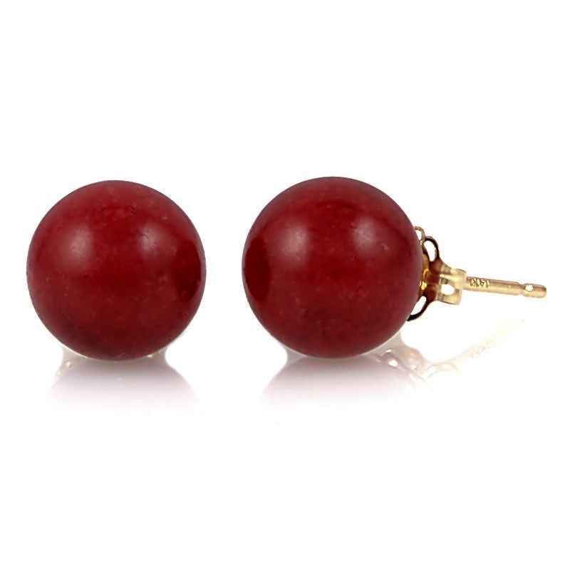 8mm Italian Red Coral Ball Stud Earrings solid 14K Yellow Gold - Trustmark Jewelers - Earrings - 2