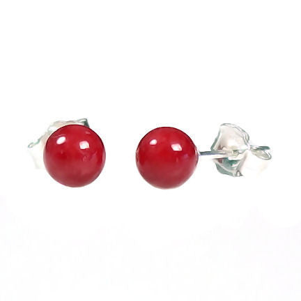 4mm Red Coral Ball Stud Earrings 14K White Gold - Trustmark Jewelers - Earrings - 1