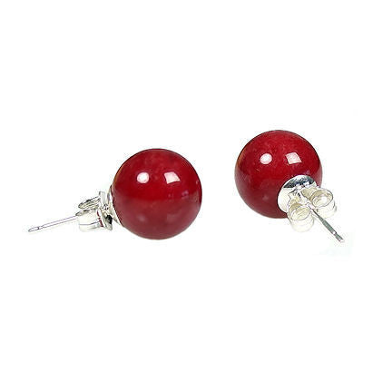 8mm Red Coral Ball Stud Earrings 14K White Gold - Trustmark Jewelers - Earrings