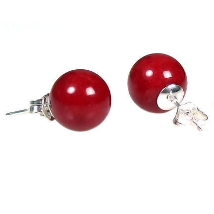 10mm Italian Red Coral Ball Stud Earrings 14K White Gold - Trustmark Jewelers - Earrings - 1