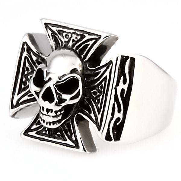 Ranger: Imposing Mens Skull & Maltese Iron Cross Biker Ring 316 Steel - Trustmark Jewelers - Mens Rings - 1