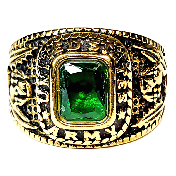 Mens Simulated Emerald US Army Gold-Tone Stainless Steel Military Ring