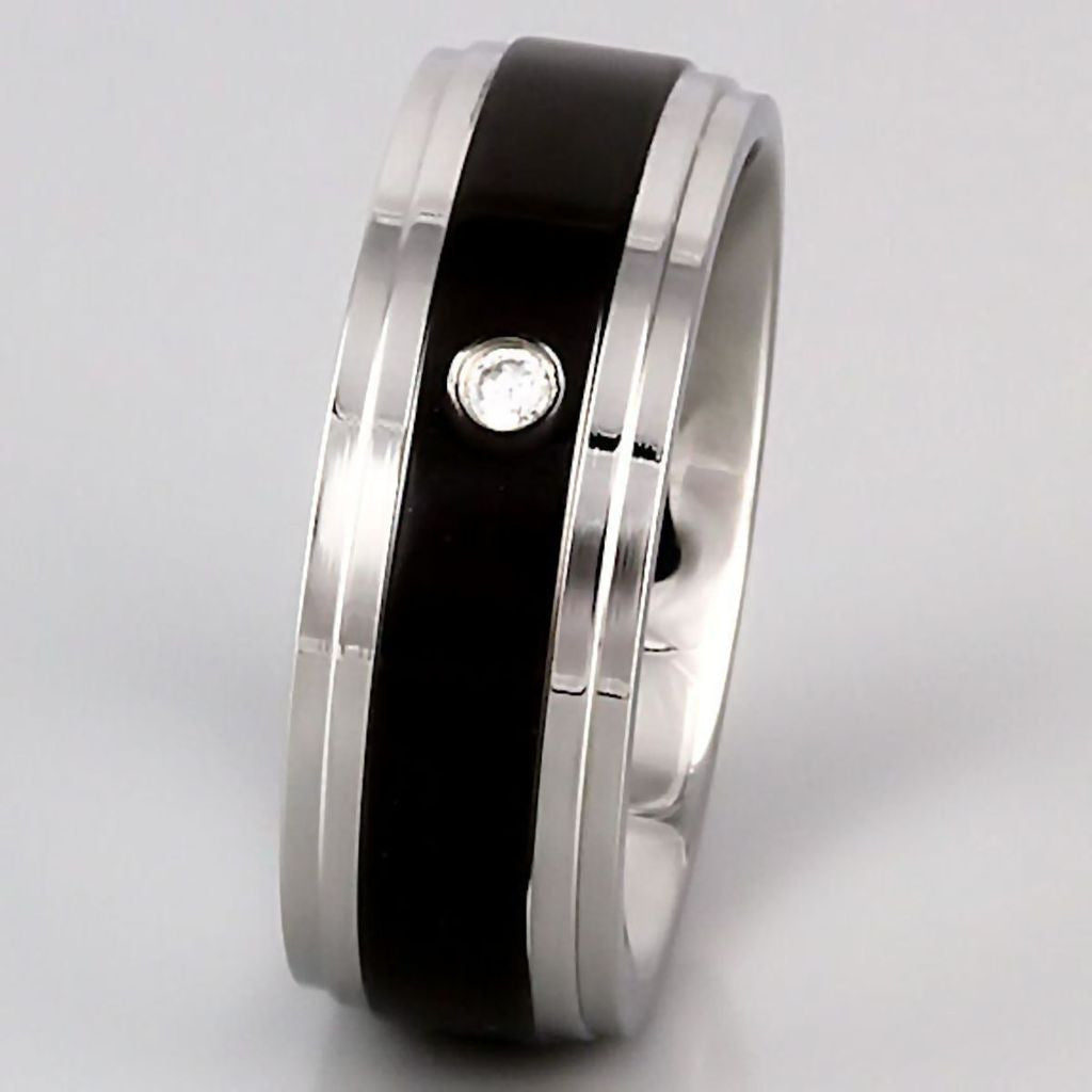 Rio: Mens 2 Tone Black and Silver Stainless Steel Russian CZ Band Ring - Trustmark Jewelers - Mens Rings - 4