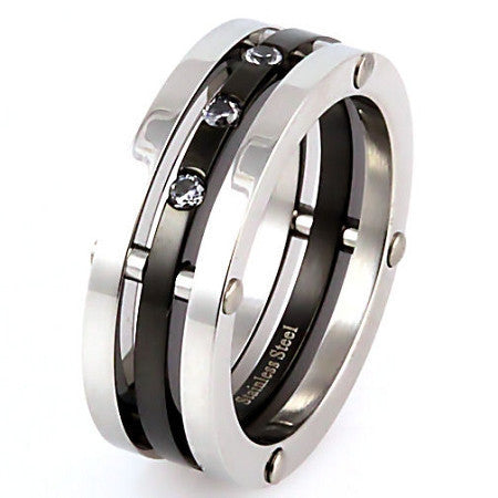 Maverick: Mens Russian Ice CZ Riveted 3 in 1 Stainless Steel Band Ring - Trustmark Jewelers - Mens Rings - 3
