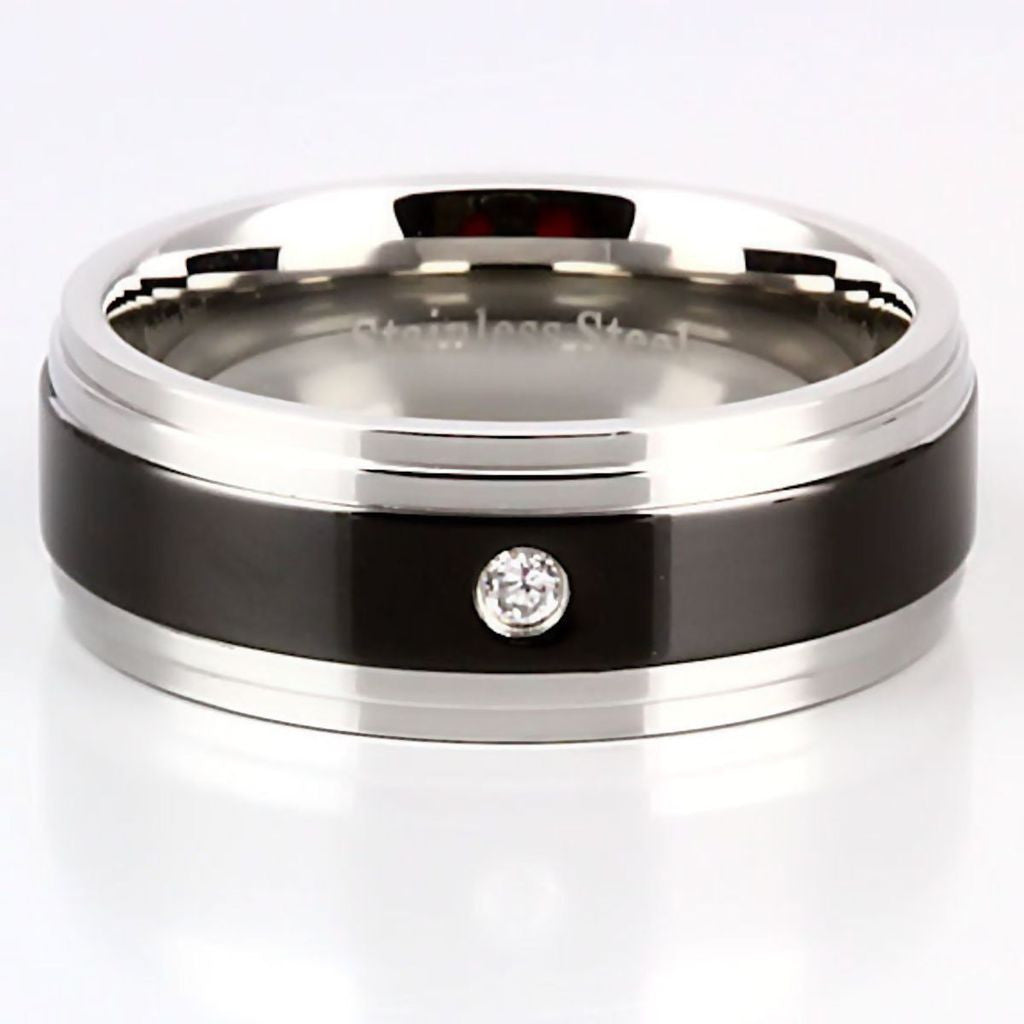 Rio: Mens 2 Tone Black and Silver Stainless Steel Russian CZ Band Ring - Trustmark Jewelers - Mens Rings - 2