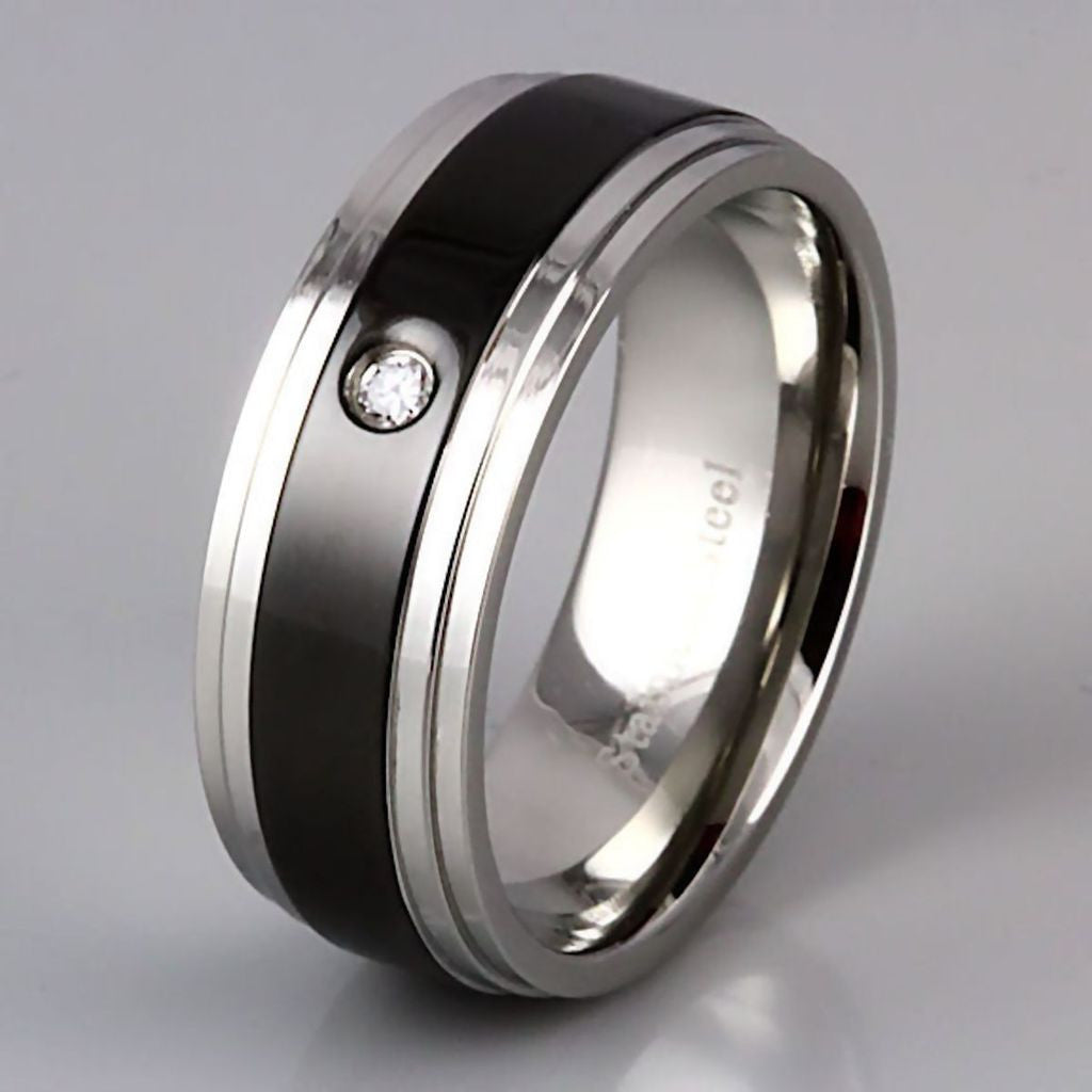 Rio: Mens 2 Tone Black and Silver Stainless Steel Russian CZ Band Ring - Trustmark Jewelers - Mens Rings - 1