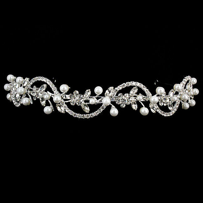 Katarina Floral Ribbon Pearl and Rhinestone Wedding Bridal
