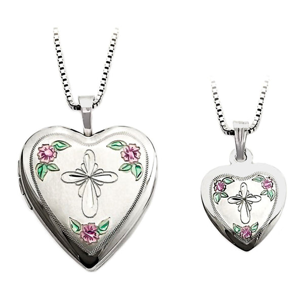 Cross and Flowers Just Like Mommy 925 Silver Locket and Pendant Necklace Set - Trustmark Jewelers - Pendants and Necklaces - 1