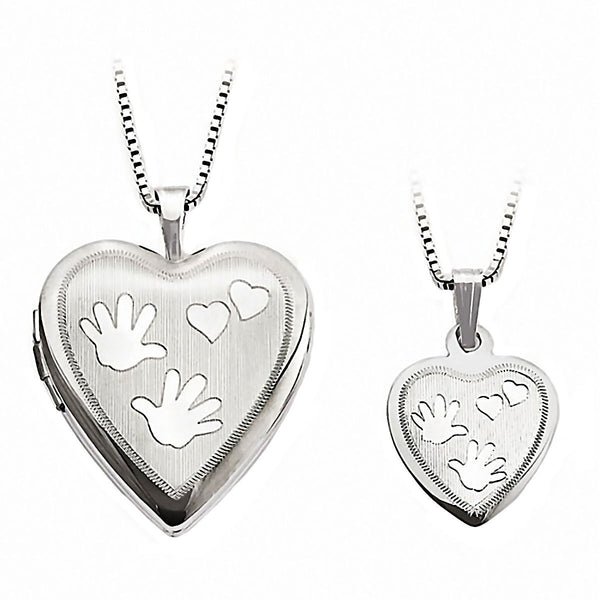 Hand Print Just Like Mommy 925 Silver Heart Locket and Pendant Necklace Set - Trustmark Jewelers - Pendants and Necklaces - 1