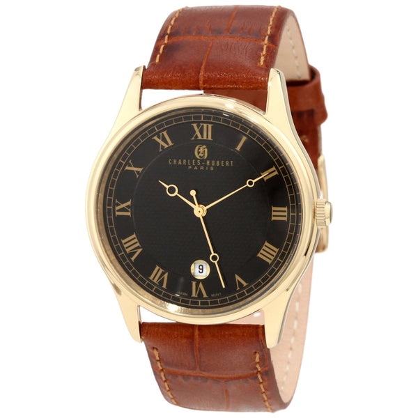 Charles Hubert: Leather Band and Gold-Tone Case Steel Wrist Watch 3814-GB - Trustmark Jewelers - Mens Watches