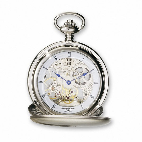 Charles Hubert Paris: White Skeleton Dial Chrome-Tone Brass Pocket Watch 3780-W - Trustmark Jewelers - Pocket Watches - 2