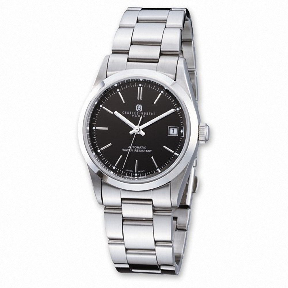 Charles Hubert Paris: Mens Black Dial Classic Stainless Steel Wrist Watch 3825 - Trustmark Jewelers - Mens Watches