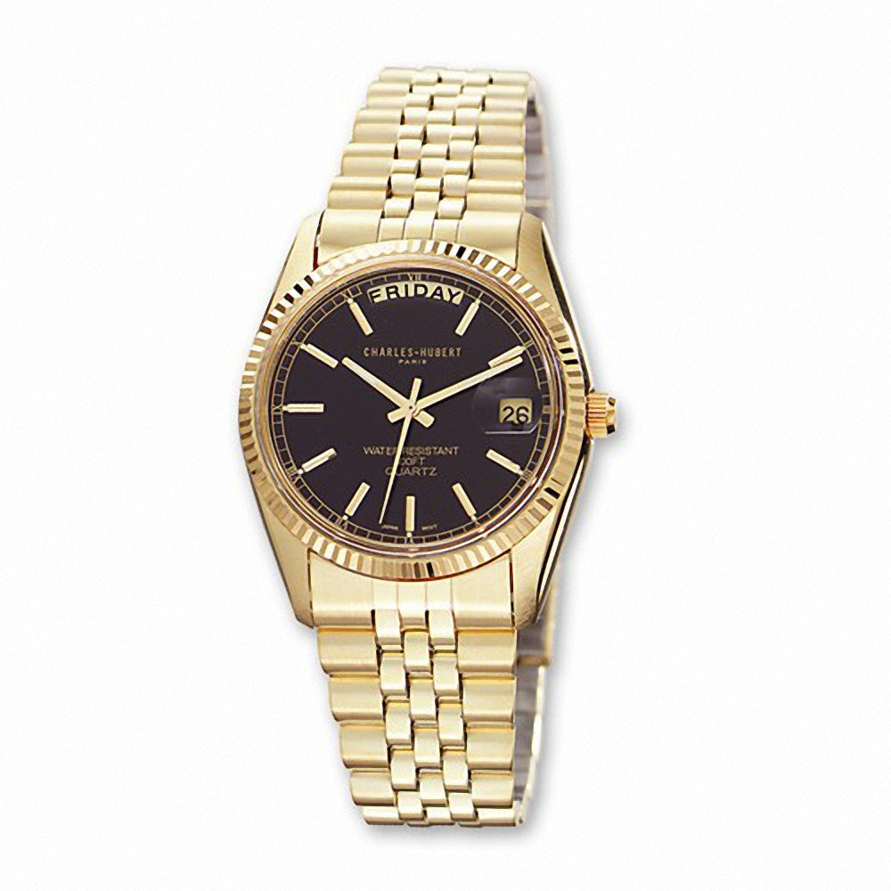 Charles Hubert Paris: Mens Black Dial Gold-Tone Stainless Steel Watch 3400-OB - Trustmark Jewelers - Mens Watches