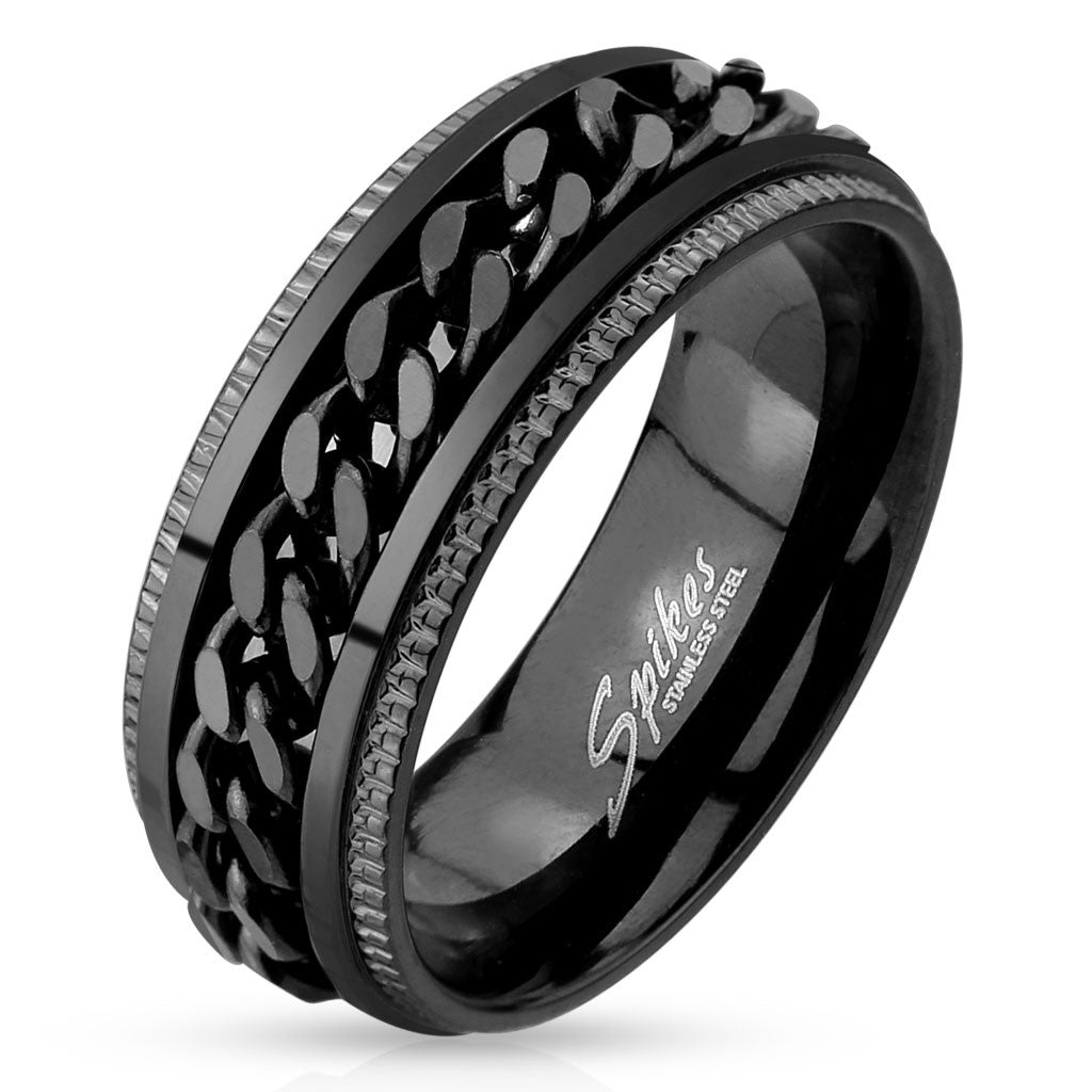 Ryker: Grooved Edge Chain Center Spinner Mens Ring 316 Stainless Steel Black Tone - Trustmark Jewelers - Mens Rings
