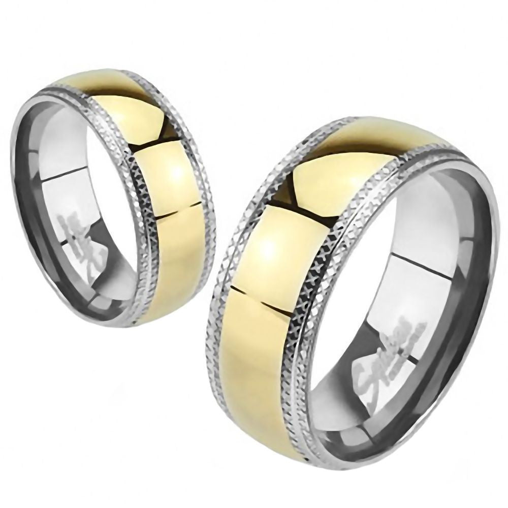 Kaylor: Stainless Steel Etched Edges and IP Gold Center Wedding Band - Trustmark Jewelers - Wedding Bands