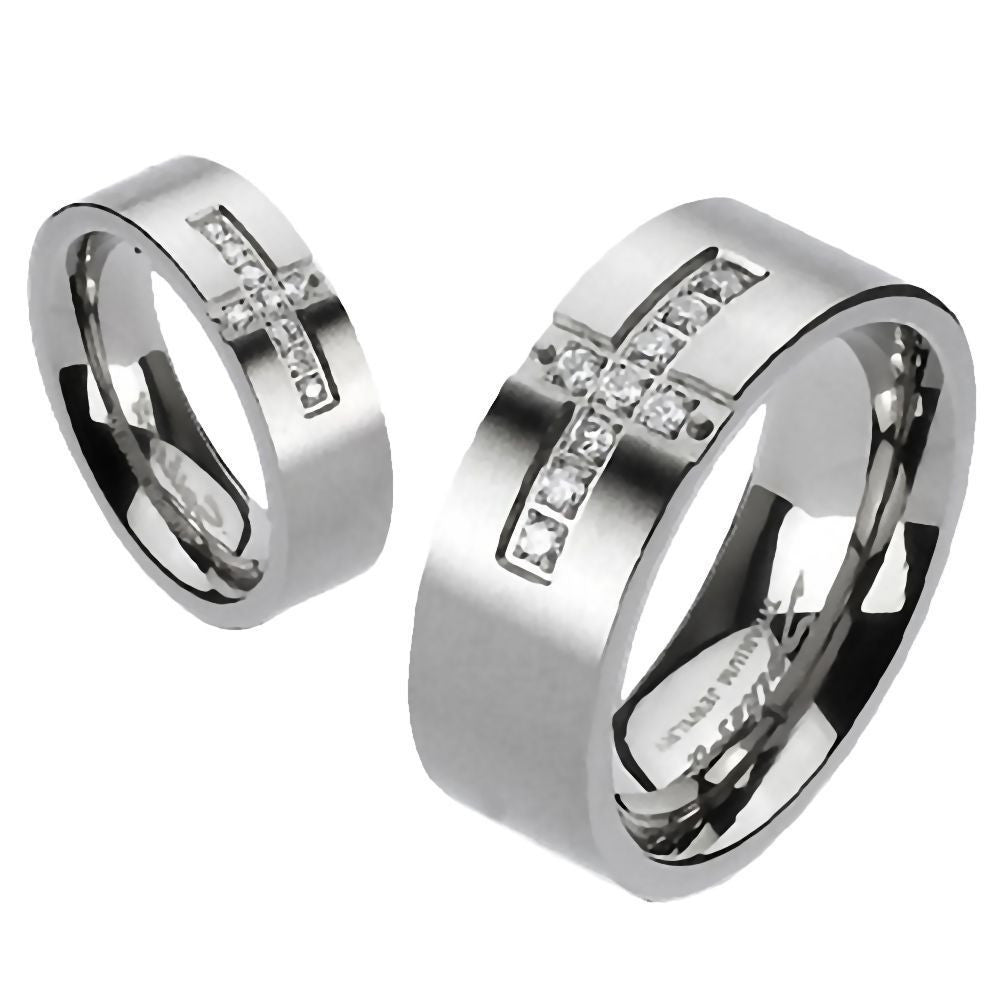 Alex: Unisex Cross Paved Russian IOF CZ Titanium Wedding Band Ring - Trustmark Jewelers - Wedding Bands