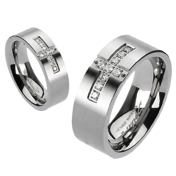 Alex: Unisex Cross Paved Russian IOF CZ Titanium Wedding Band Ring - Trustmark Jewelers - Wedding Bands