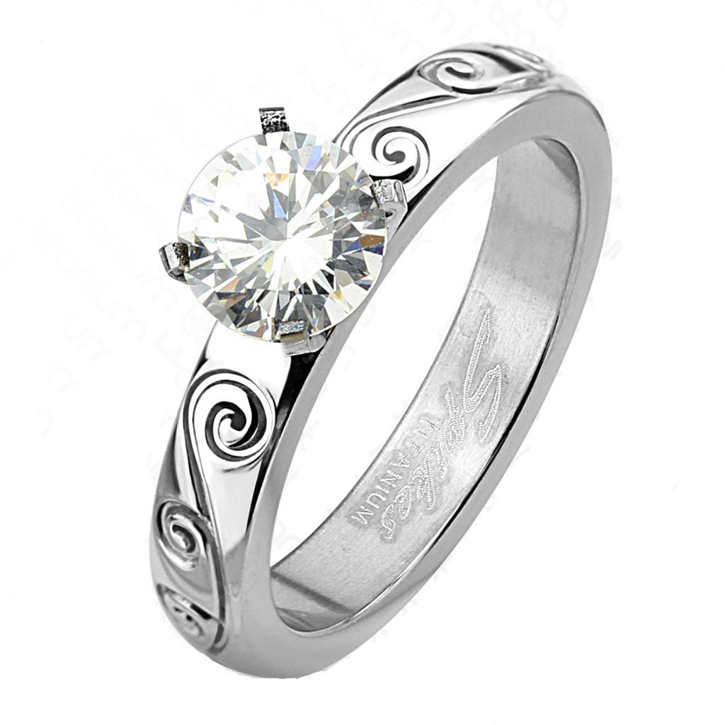 Rahima: IOF CZ Filigree Engraved Classic Engagement Ring Titanium - Trustmark Jewelers - Engagement Rings