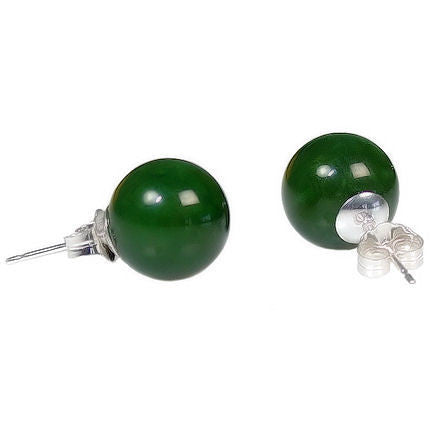 10mm Nephrite Green Jade Ball Stud Earrings Sterling Silver - Trustmark Jewelers - Earrings - 1
