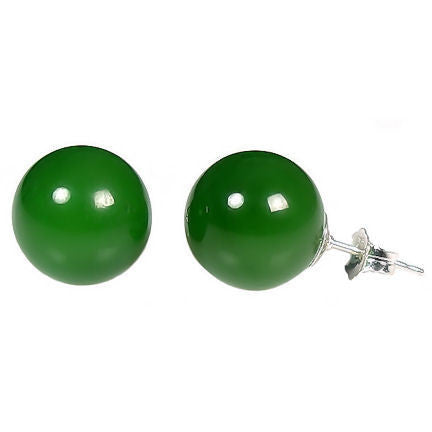 12mm Nephrite Green Jade Ball Stud Earrings Sterling Silver