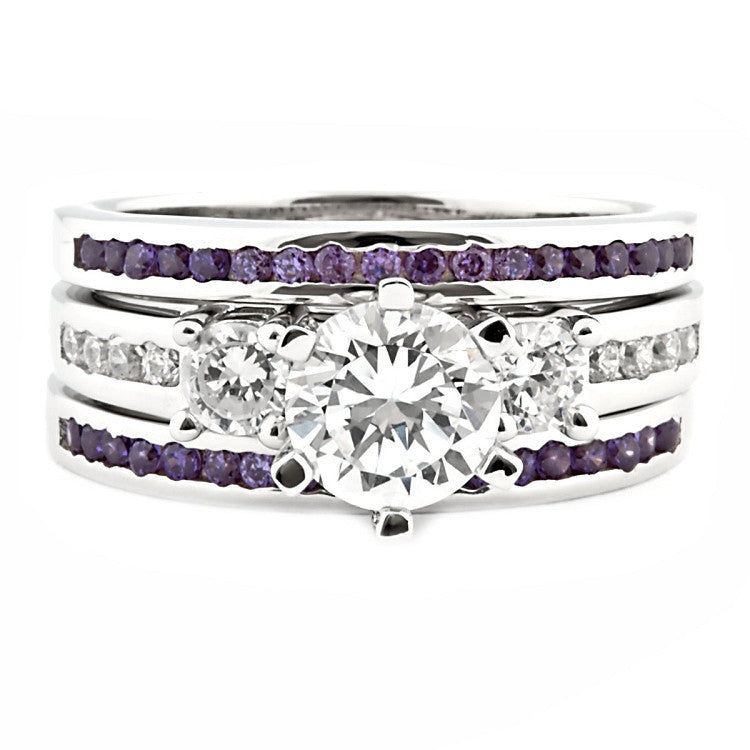 Lakoda 3AT: Stunning 1.58c IOF CZ and Amethyst 3 Pc Wedding Ring Set - Trustmark Jewelers - Wedding Ring Sets - 1