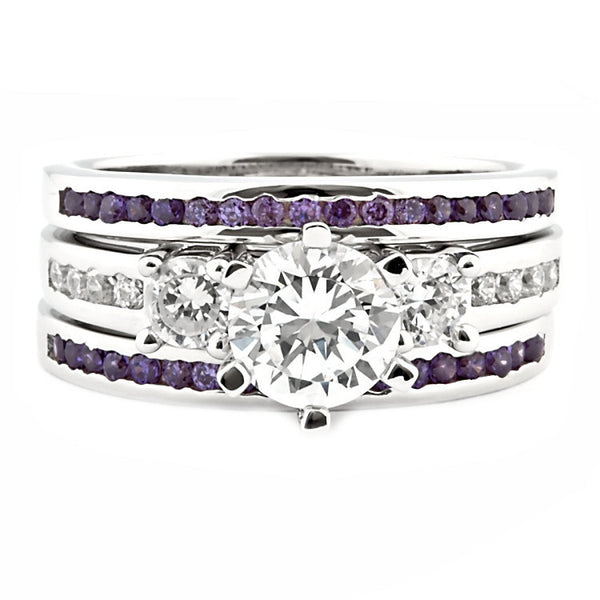 Lakoda 3AT: Stunning 1.58c IOF CZ and Amethyst 3 Pc Wedding Ring Set - Trustmark Jewelers - Wedding Ring Sets - 1