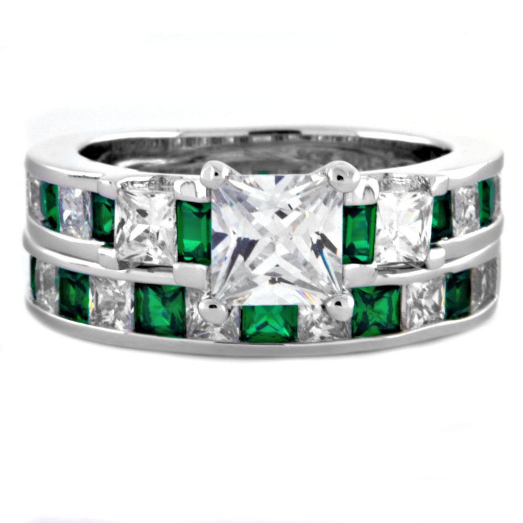 Olympia: Glamorous 4.35ct Emerald and Russian Ice CZ Wedding Ring Set - Trustmark Jewelers - Wedding Ring Sets