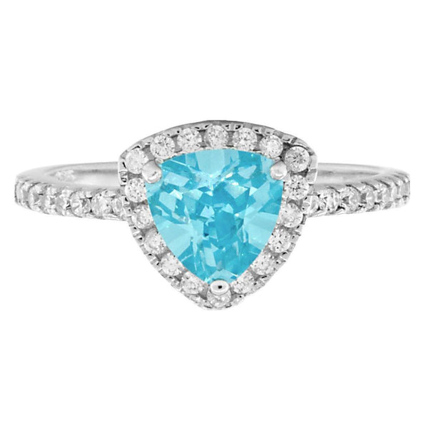 Acotas E: 1.51ct Aquamarine Ice CZ Trillion-cut & Halo Engagement Ring - Trustmark Jewelers - Engagement Rings