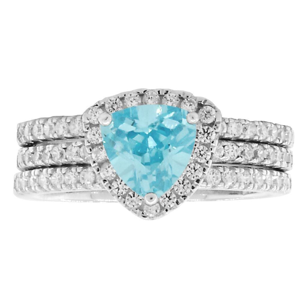 Acotas 3: 2.14ct Aquamarine Ice CZ Halo Semi-eternity 3 pc Wedding Set - Trustmark Jewelers - Wedding Ring Sets