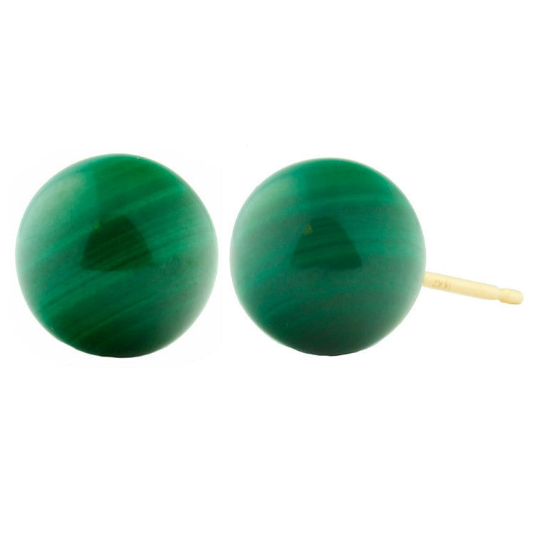 8mm Green Malachite Ball Stud Earrings 14K Yellow Gold - Trustmark Jewelers - Earrings - 1