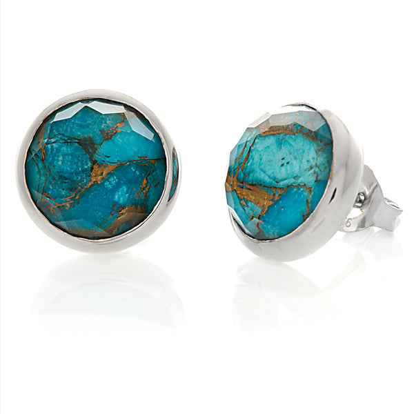 Faira: Round Faceted Quartz over Turquoise Stud Earrings 925 Sterling Silver - Trustmark Jewelers - Earrings - 1