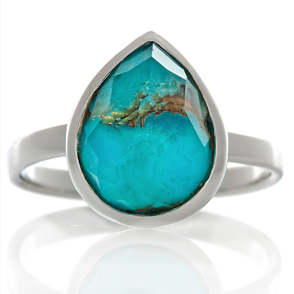 Tanya: Pear Shape Faceted Quartz over Turquoise Right Hand Ring 925 Silver - Trustmark Jewelers - Fashion Rings - 1