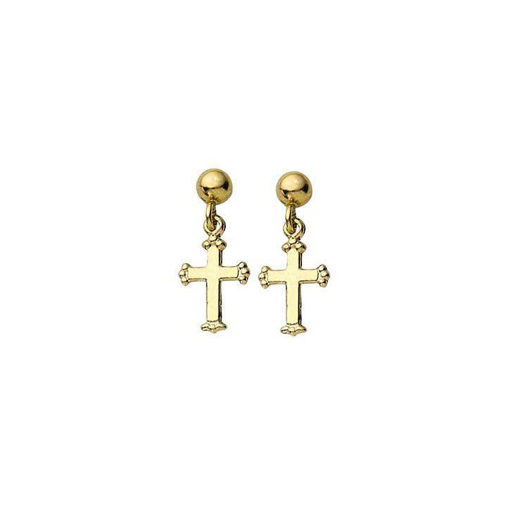 Cross Drop Ball Post Earrings 14K Yellow Gold - Trustmark Jewelers - 