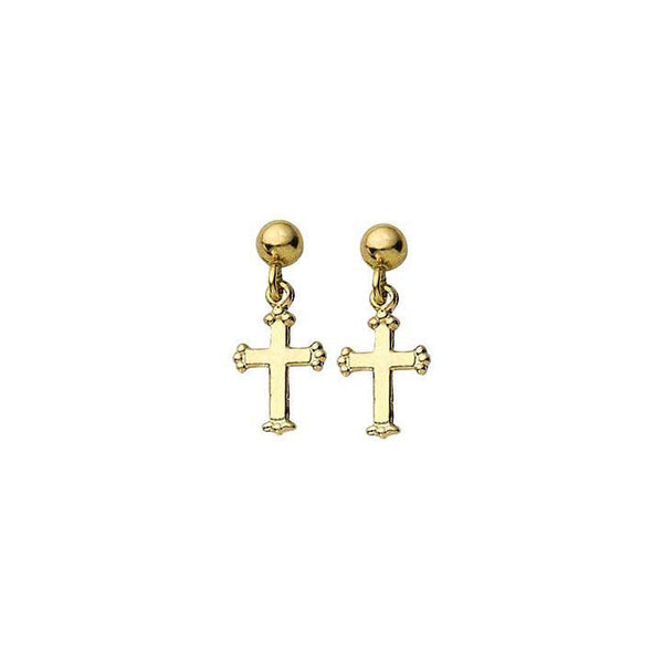 Cross Drop Ball Post Earrings 14K Yellow Gold - Trustmark Jewelers - 