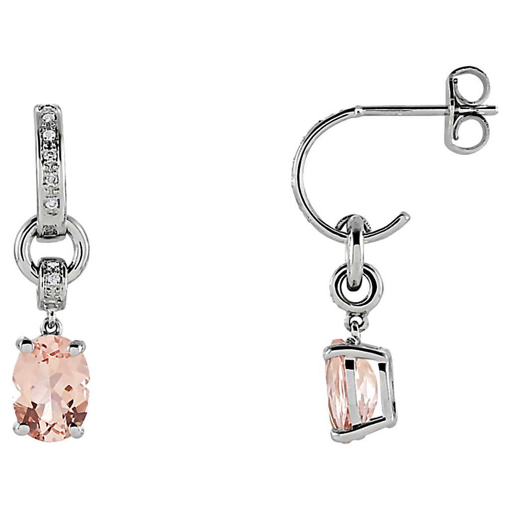 14K White Gold Genuine Morganite and Diamond Drop J-Post Earrings
