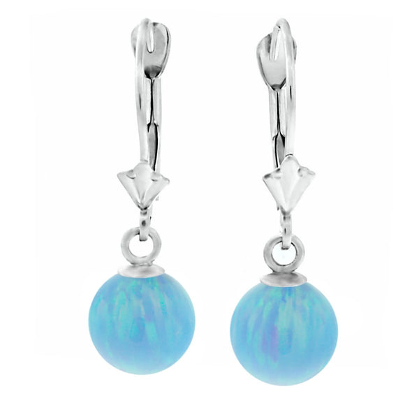 Sky: Azure Blue Created Australian Opal Ball Drop Leverback Earrings 14K White Gold - TrustmarkJewelers.com